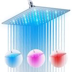 Rain Shower Head, High Pressure 10'' LED Shower Head, Anti-Clogging Fixed Rainfall Shower Head with Temperature Controlled Color Changing, 360°Adjustable Brass Ball Joint, Square, Chrome