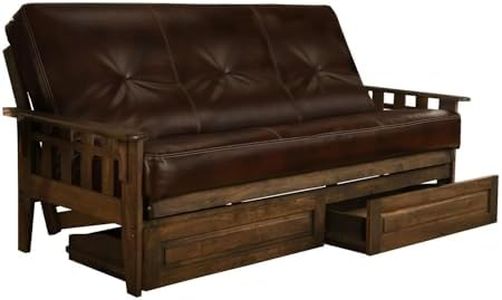 Jerry Sales FutonX Rustic Walnut Frame and Mattress Set with Choice to add Drawers, 8 Inch Innerspring Futon Sofa Bed Full Size Wood (Leather Cappuccino Matt, Frame and Drawers)