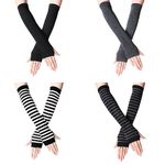 VEGCOO 4 Pairs Long Fingerless Gloves for Women, Stretchy Knitted Fingerless Glovesthumb Hole Arm Warmers Long Gloves (Black)