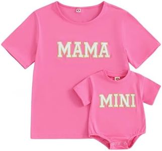 Mama and Mini Shirts Letter Print Short Sleeve Pullover Tops Mommy and Me Matching Outfits Baby Summer Clothes, Matching Rose, Medium