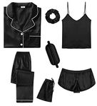 SWOMOG Womens Silky Pyjamas Set Short Sleeve Classic Pjs 7 Pcs Nightwear with Pj Bag Cami Shorts Button Down Pjs Black