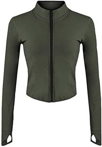 Lviefent Womens Lightweight Full Zip Running Track Jacket Workout Slim Fit Yoga Sportwear with Thumb Holes (Army Green, Large)