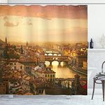 Ambesonne Wanderlust Decor Collection, Bridge Ponte Vecchio Italy Bird Eye Sunset View Castle Houses Historic Cityscape, Polyester Fabric Bathroom Shower Curtain, 75 Inches Long, Ivory Peach