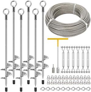 Fologtoo 6Pack 30" Ground Anchors Shed Anchor Kit with 100ft 1/4" Stainless Steel Cable & 6Pcs 1/4 Turnbuckles, Heavy Duty Ground Anchor Screw in Auger Earth Stakes for Trampoline Swing Mobile Home