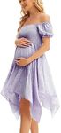 Maternity Summer Short Puff Sleeve Floral Maternity Dress, Square Neck Flowy Irregular Hem Baby Shower Dress, Purple, Small