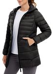 BALEAF Women's Long Down Jacket Lightweight Packable Hooded Warm Puffer Coat for Winter, Black, Small