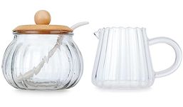 Glass Sugar and Creamer Set, Chase Chic Sugar Bowl with Lid and Spoon and Cream Pitcher，Milk Jug Cup 210ML and Sugar Jar 240ML for Coffee and Tea Gift