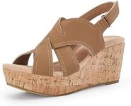 Coutgo Wedge Sandals for Womens Platform Open Toe Heels Cork Summer Dress Shoes, Brown, size 8.5