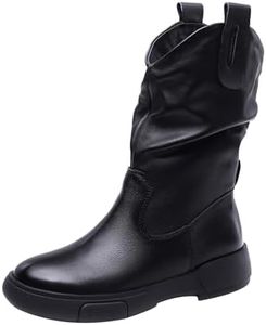 Keilinia Women's Leather Pull-On Cowboy Boots,Fall/Winter Comfy Waterproof Non-slip Softsole Casual Dress Oxford Mid-calf Boot (6,Black Velvet,6)