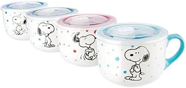 Peanuts Freckled Joy 25oz. Stoneware Soup Bowls w/Clear Lid, 4-Pack, Assorted Colors