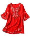 Ashir Aley Mexican Shirts Peasant Blouses Cotton Embroidered 3/4 Sleeve Bohemian Tops Boho Clothes for Women Summer Fiesta, Red, Large