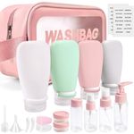 18 Pcs Travel Bottles for Toiletries Gym TSA Approved, Leak Proof with Bandage Silicone Squeezable 3oz for Toner Shampoo Conditioner Lotion Body Wash with Funnel Toothbrush Cover Tag and Wash Bag