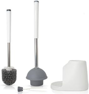 True Fresh Toilet Brush and Plunger Set with Holder Caddy -Stainless Steel Brush and Toilet Plunger for Heavy Duty -2-in-1 Scrubber Combo with Hidden Tweezer & Extendable Plastic Handle