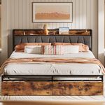 LIKIMIO California King Size Bed Frame, Storage Headboard with Charging Station, Platform Bed with Drawers, No Box Spring Needed, Easy Assembly, Vintage Brown and Gray