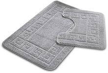 VELVETIO Bath Mat Set 2 Piece Machine Washable for Bathroom, Jacquard Greek Non Slip Quick Dry Shower Rugs & Bathtub Mats, Highly Water Absorbent 100% Polypropylene Toilet Rug Sets, Silver