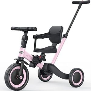 newyoo 5 in 1 Tricycles for 1-3 Year Olds, Toddler Bike, Gift & Toys for Boy & Girl, Baby Balance Bike, Toddler Tricycle with Parent Steering Push Handle, Backrest & Safety Belt, Pedals, Pink