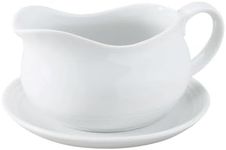 HIC Kitchen Hotel Gravy Sauce Boat with Saucer Stand, Fine White Porcelain, 24-Ounces