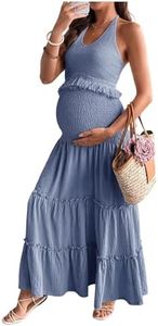 OYOANGLE Women's Maternity 2 Piece Outfits Crochet Fringe Halter Crop Top and Smocked Tiered Long Skirt Set Blue Large