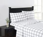 LONDON FOG - Queen 4 Piece Sheet + Pillowcase Set - Plaid Flannel Collection, 100% Cotton - Grey