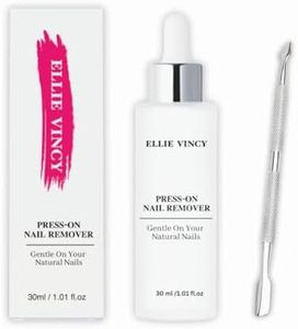 Ellie Vincy Press-On Nail Glue Remover & Cuticle Pusher | Gentle, Odor-Free, Acetone-Free Formula | 30ml / 1.01 fl. oz | Easy Nail Removal with Stainless Steel Tool