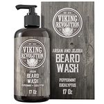 Viking Revolution Beard Wash Shampoo 17oz With Argan & Jojoba Oils - Softens & Strengthens - Natural Peppermint And Eucalyptus Scent - Beard Shampoo With Beard Oil