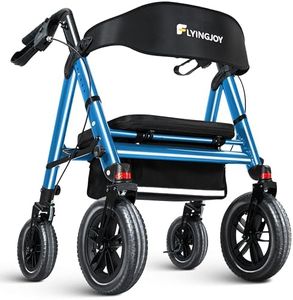 FlyingJoy Rollator Walker with Seat,12" Front Wheels 10" Rear Rolling Walker, Extra-Wide Heavy-Duty Rollator Walker with Seat and Brakes for Seniors and Adults Bariatric with Large Aluminum (Blue)