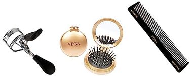 VEGA Compact Hair Brush with Foldable Mirror, (R2-FM), Color may vary & Vega Premium Eye Lash Curler & Vega Half Coarse and Half Fine General Grooming Comb, Black