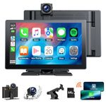 HOTPEAK 9'' Carplay Screen for Car with 4K Dash Cam, 1080p Backup Camera, Portable Car Stereo for Apple Car Play Android Auto Wireless, Mirror Link, GPS Navigation, G-Sensor, Loop Recording, AUX,FM