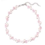 BULINLIN Short Beaded Pearl Necklace for Women, Silver Handmade Statement Necklace with Crystal Beads Fashion Jewellery Birthday Gifts for Her(light pink)