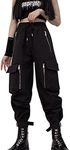 MEINVQIAOTI Black Cargo Pants Women Loose Chain Pants Multi Pockets Multi Zip Punk Gothic Pants, Black, XXL