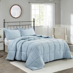 HIG Pre Washed Down Alternative Comforter Set Queen - Reversible Shabby Chic Quilt Design - Box Stitched with 4 Corner Tabs - Lightweight for All Season - Blue Duvet Comforter with 2 Pillow Shams