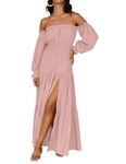 ZESICA Women's 2024 Boho Sexy Off Shoulder Long Sleeve Smocked High Waist Side Split Flowy A Line Tiered Long Maxi Dress, Pink, Large