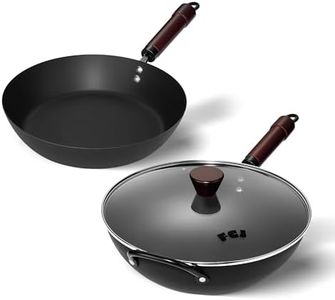 FGJ 13 Inch Wok and 12 Inch Sikllet, Cookware Set, Carbon Steel Woks &Stir-fry Pans Nonstick and Frying Pan, Pre-Seasoned 5.8QT Flat Bottom Chinese Paella Pan, Compatible with All Cooktops