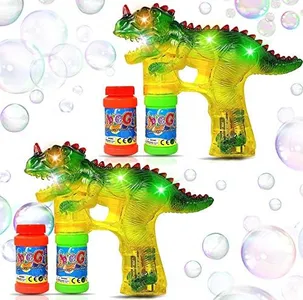 Haktoys Jurassic Dinosaur Light Up Bubble Gun Shooter (2-Pack) Lights, Extra Refill Bottles, Sound-Free (Complementary Batteries Included) Bubble Blower for Toddlers, Kids, Parties
