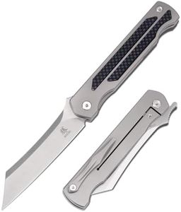 KATSU S35VN Steel Blade Folding Knife,Titanium Pocket Knife for Men Carbon Fiber Handle,Frame Lock Japanese Style Front Flipper EDC Knife with Clip Stonewash Leather Sheath