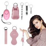 HASTHIP® 6 in 1 Self-defense Keychain Pink Girls Keychain with Siren Alarm, Spiky Rod, Whistle, Mini Sprayer PU Sleeve, Multi Tool Self-defense Keyring Metal Keychain with Hand Strap