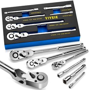 YIYEIE 6-Piece Flex Head Ratchet Set, 1/4", 3/8", 1/2" Drive, Swivel Head Ratchet Wrench with Extension Bar, 72 Tooth, 180° Adjustable, Quick-Release, Flexible Ratchet Handle with EVA Foam