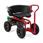 Goplus Garden Cart, Outdoor Rolling Garden Scooter W/Adjustable 360 Degree Swivel Seat, Tool Tray & Storage Basket, Extendable Handle, Yard Gardening Work Seat with Wheels, Red