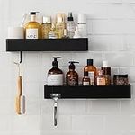 Shower Caddy 2 Pack, Self Adhesive Shower Shelf, No Drilling Bathroom Shower Organizer with Hooks, Large Capacity Rack Holder Black Stainless Steel Shower Storage for Bathroom, Kitchen, Living Room