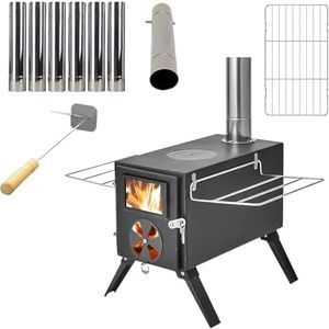 Ruaizel Portable Wood Stove, Foldable Hot Tent Stove, Carbon Steel Camping Wood Stove with Anti-Spark and Adjustment Chimney Pipes for Hunting, Fishing, Cooking, Heating, Drying Clothes