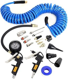 FYPower 16 Pieces Heavy Duty Air Compressor Accessory Kit, 1/4 inch 25ft Recoil Poly Air Compressor Hose Kit, 100PSI Tire Inflator Gauge, Blow Gun and Nozzles, 1/4" NPT Air Coupler and Plug Kit