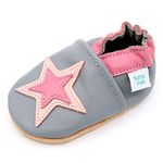 Dotty Fish Soft Leather Baby Shoes. Toddler Shoes. Girls. Non Slip Suede Soles. Soft Grey Shoe with Pink Star. 0-6 Months (1 UK Child)