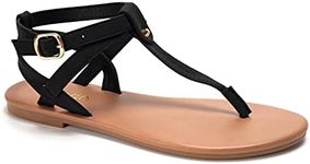 Colgo Thong Flat Sandals, Casual T Strap Dress Sandals, Adjustable Ankle Buckle Dress Thong Sandals with Strappy for Women Summer Wedding, Black/Sdl, 8