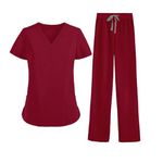 MEDSKIN Essential Scrubs Set for Women - Lightweight V-Neck Scrub Top & Yoga Waistband Trouser Pants (Burgundy, M)