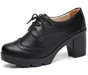 DADAWEN Women's Leather Classic Lace Up Platform Chunky Mid-Heel Square Toe Oxfords Dress Pump Shoes Black US Size 8