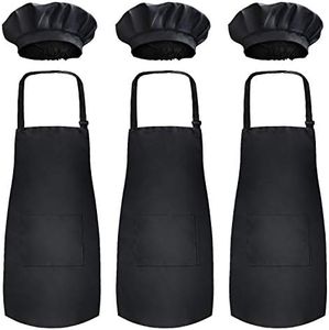 Novelty Place Kid's Apron with Chef Hat Set (3 Set) - Skin-Friendly Children’s Bib with Pocket - Cooking, Baking, Painting, Training Wear - Kid's Size (6-12 Year, Black)