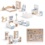 ROBUD Wooden Dollhouse Furniture Set, 23 Pcs Dollhouse Accessories, Miniature Furniture Including 5 Room Kits, Dollhouse Furniture Pretend Play Toys for Boys, Girls & Toddlers, 3+