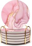 EDIDEUENICA Pink Coasters Set of 6, Absorbent with Gold Holder, Wood Drinks with Cork Backing, Drink Coasters for Table Home Kitchen Housewarming Gift