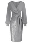 GRACE KARIN Women's Long Sleeve Plus Size Bodycon Evening Dresses Belted Cocktail Sequin Dress Silver Grey XL