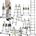 12.5FT Extendable Aluminium Professional Use Telescoping Ladder Telescopic Folding Ladder Extension 1.9m+1.9m A-Frame 3.8m Ladder with Stabilizer Bar for Building Maintenance Window Cleaning